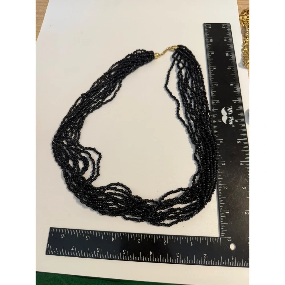 Vintage Trifari Black Multi Strand Seed‎ Bead Necklace Gold Tone Hook Clasp 18